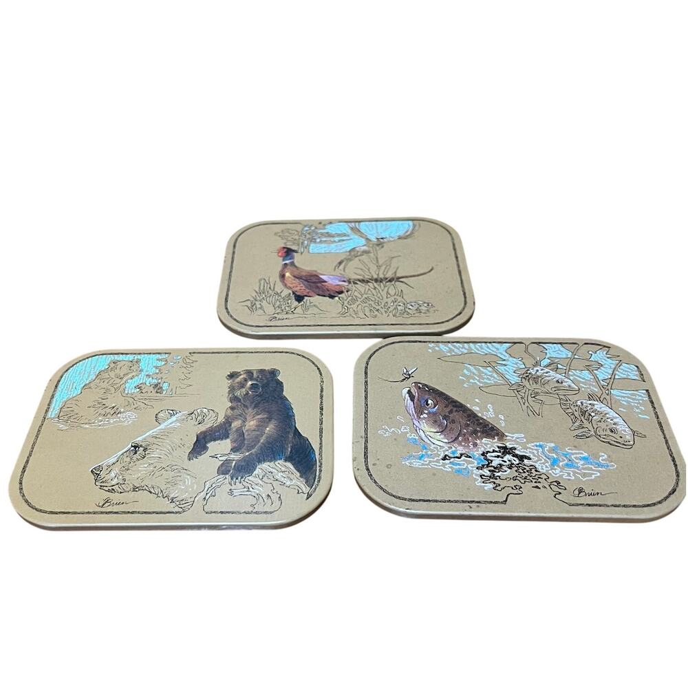 Vintage Avon‎ Tom O'Brian Wildlife Coaster Set Of 3 Pheasant Bear Trout Padded
